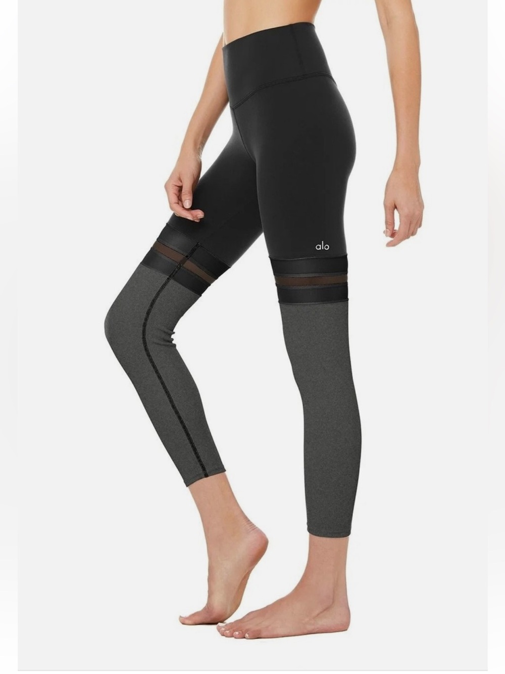 ALO Yoga 7/8 Player Black & Charcoal Mesh-Trim High-Waist Leggings